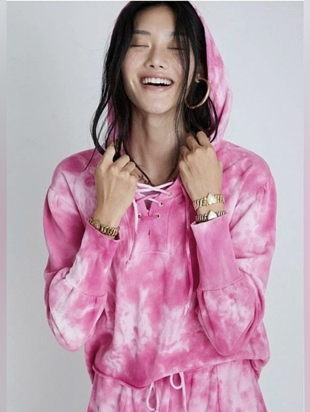 LoveShackFancy Bevan Criscross Cotton Tie Dye Hoodie Sweatshirt Pink Sz Lg